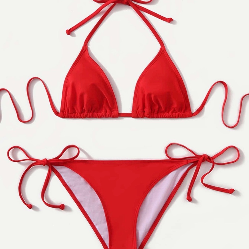 SHEIN Red Triangle String Bikini Set triangle top side tie bottoms L fits M